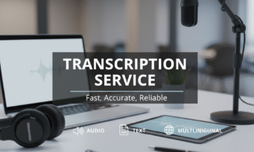 A professional transcription workspace setup featuring headphones, microphone, notepad, and laptop, visually emphasizing the process of hindi transcription and the central role of focus keyword identification for accurate and reliable transcription services.