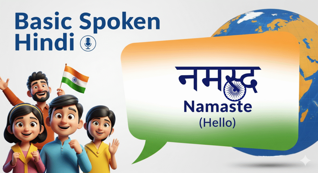 Illustration showing Basic Spoken Hindi with animated characters greeting and the word Namaste, representing Simply Hindi’s beginner-friendly Hindi learning course.