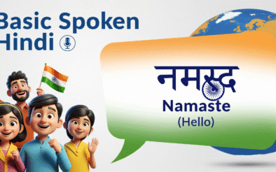 Illustration showing Basic Spoken Hindi with animated characters greeting and the word Namaste, representing Simply Hindi’s beginner-friendly Hindi learning course.